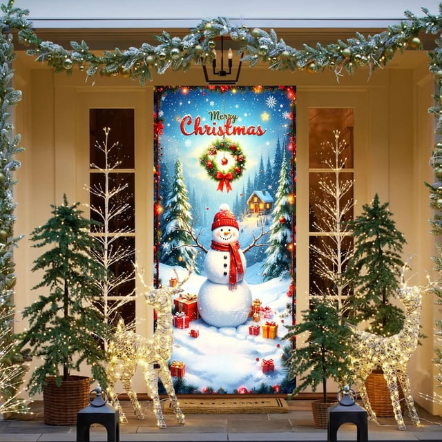 Cubierta de puerta navideña con muñeco de nieve, pancarta navideña para puerta principal de 35 x 71 pulgadas, muñeco de nieve Snowsence, tela colgante, regalo sorpresa, guirnalda de pino con bolas, fo