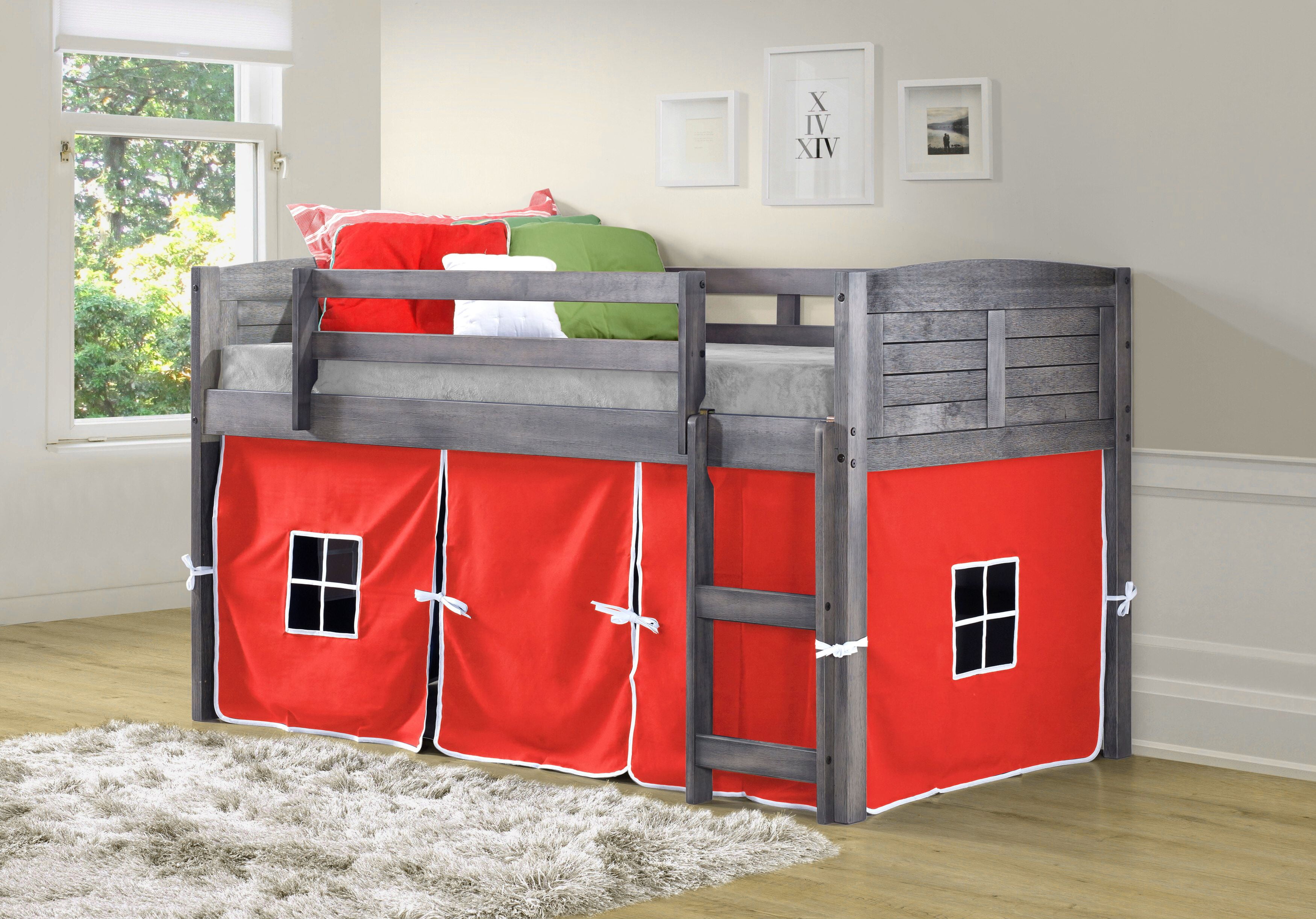 OS Home and Office Louvered Design Twin Low Loft Bed with Red Canvas Tent Kit