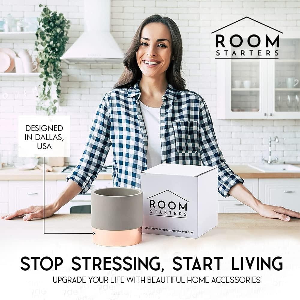 Room Starters Kitchen Utensil Holder Caddy for Countertop, Large, Concrete & Steel, Copper