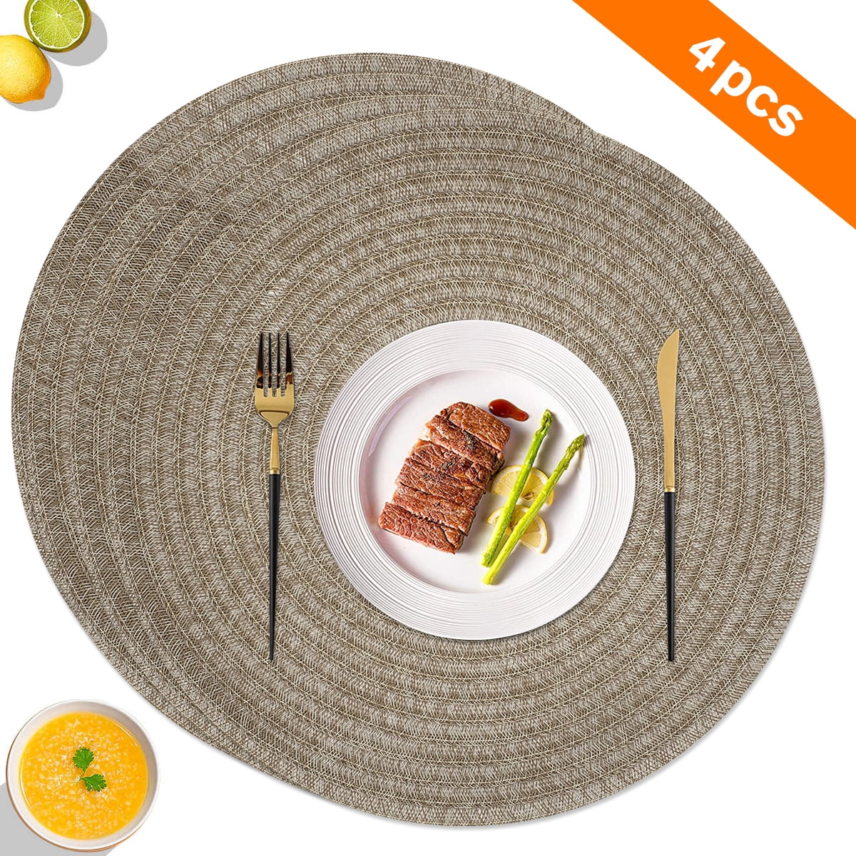 15" Round Woven Vinyl Placemats, 4 Pcs Modern NonSlip Insulation