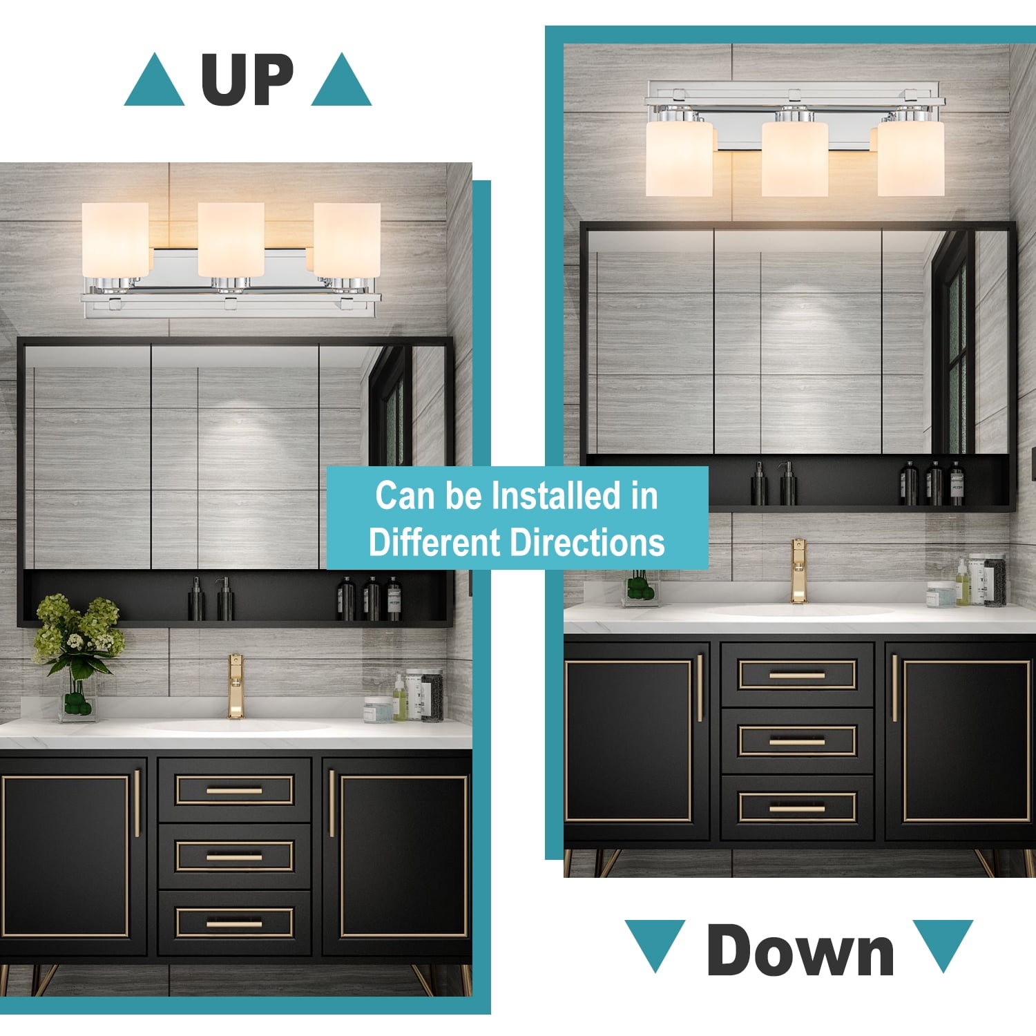 SineRise 3-Light Chrome Modern Bathroom Vanity Light with Milky White Glass Shades