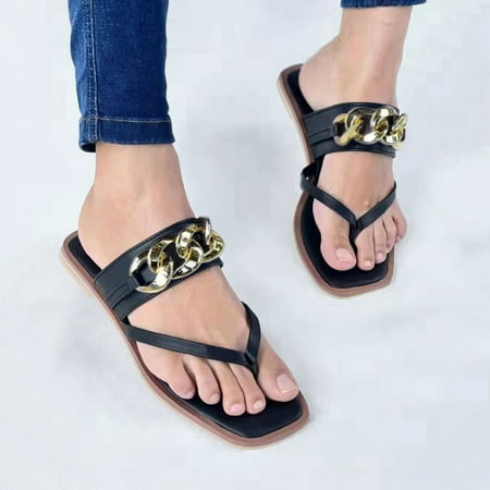 

Ladies Fashion Metal Chain Flat Flip-Flops Large Size Casual Outer Beach Sandals Note Please Buy One Or Two Sizes Larger