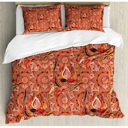 Peach Queen Size Duvet Cover Set Hand Drawn Floral Arrangement