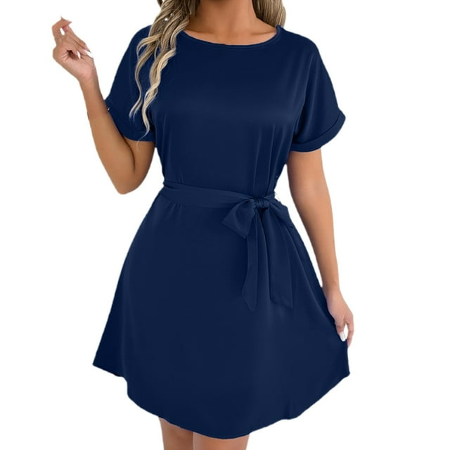 Robe Décontractée Grande Taille pour Femmes à Manches Courtes avec Ceinture Nœud Col Rond Fluide Confortable pour Fête Vacances Printemps Automne Usage Quotidien
