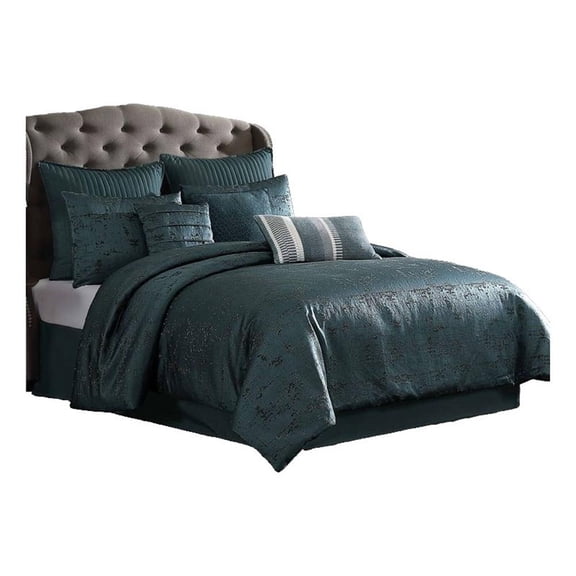 Benjara Beny 9pc King Size Comforter Set- Dark Turquoise Blue Woven Jacquard