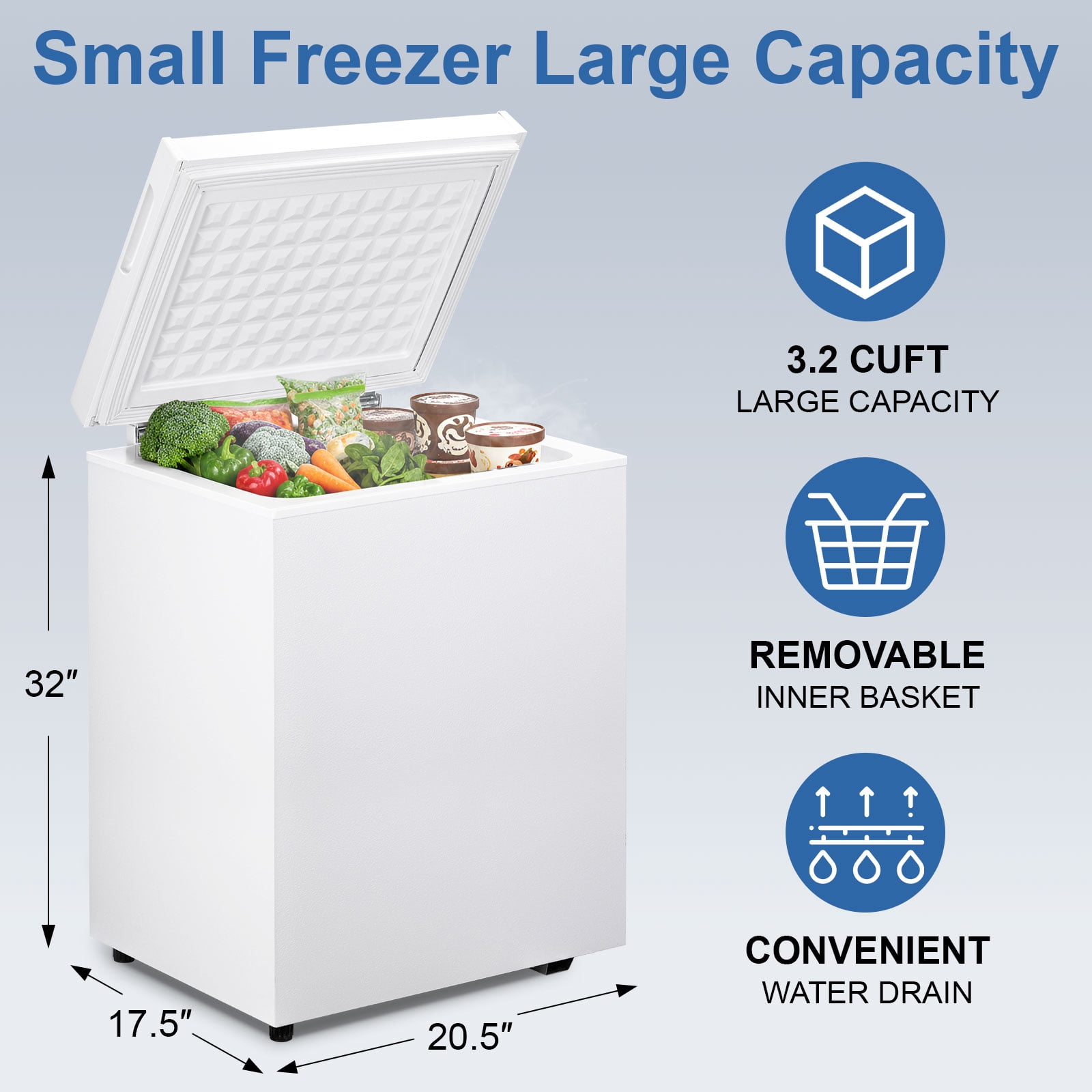 DIMEDEAL 3.2 Cu.Ft Chest Freezer, Compact Mini Deep Freezer with 7 Temp Settings & Removable Basket, Top Door Free-Standing Freezer for Home, Dorm, Garage, Office, Apartment & Basement