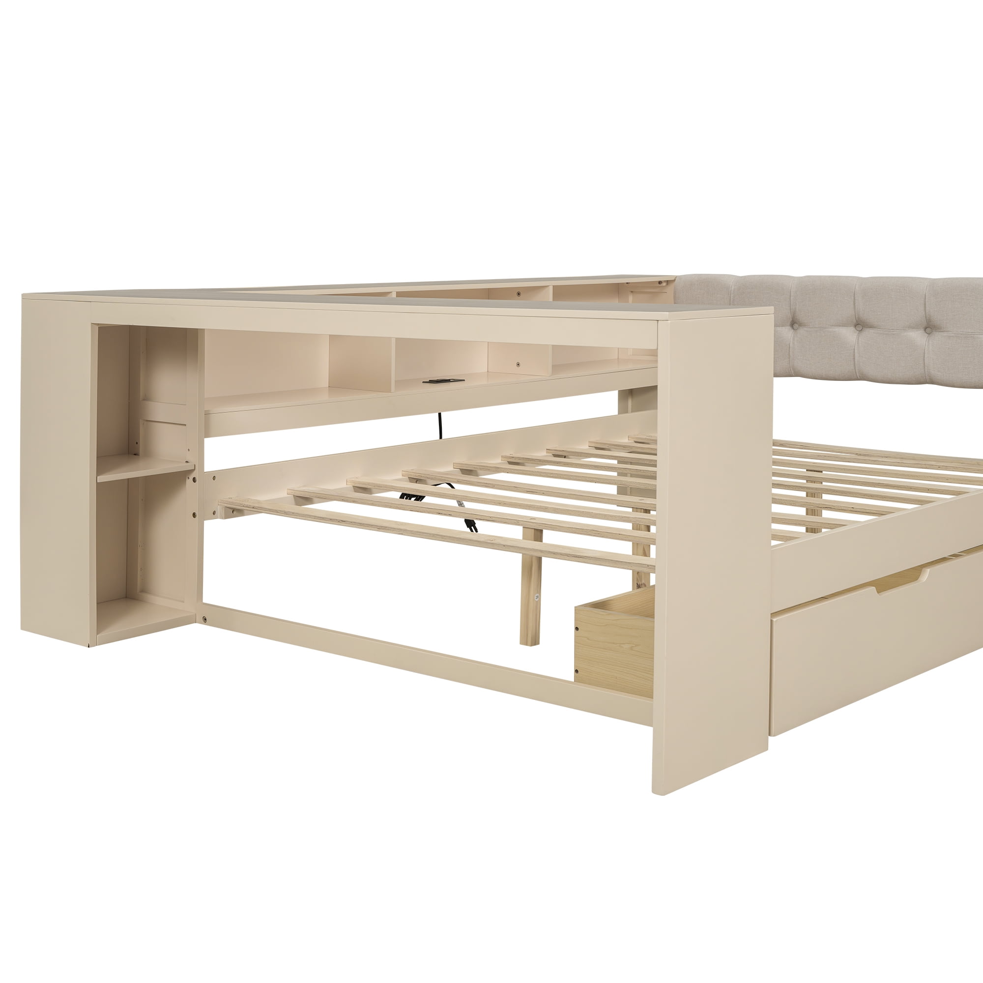 Euroco Wood Full Size Platform Bed with Desk and Shelves, Drawers and USB Charging, Cream