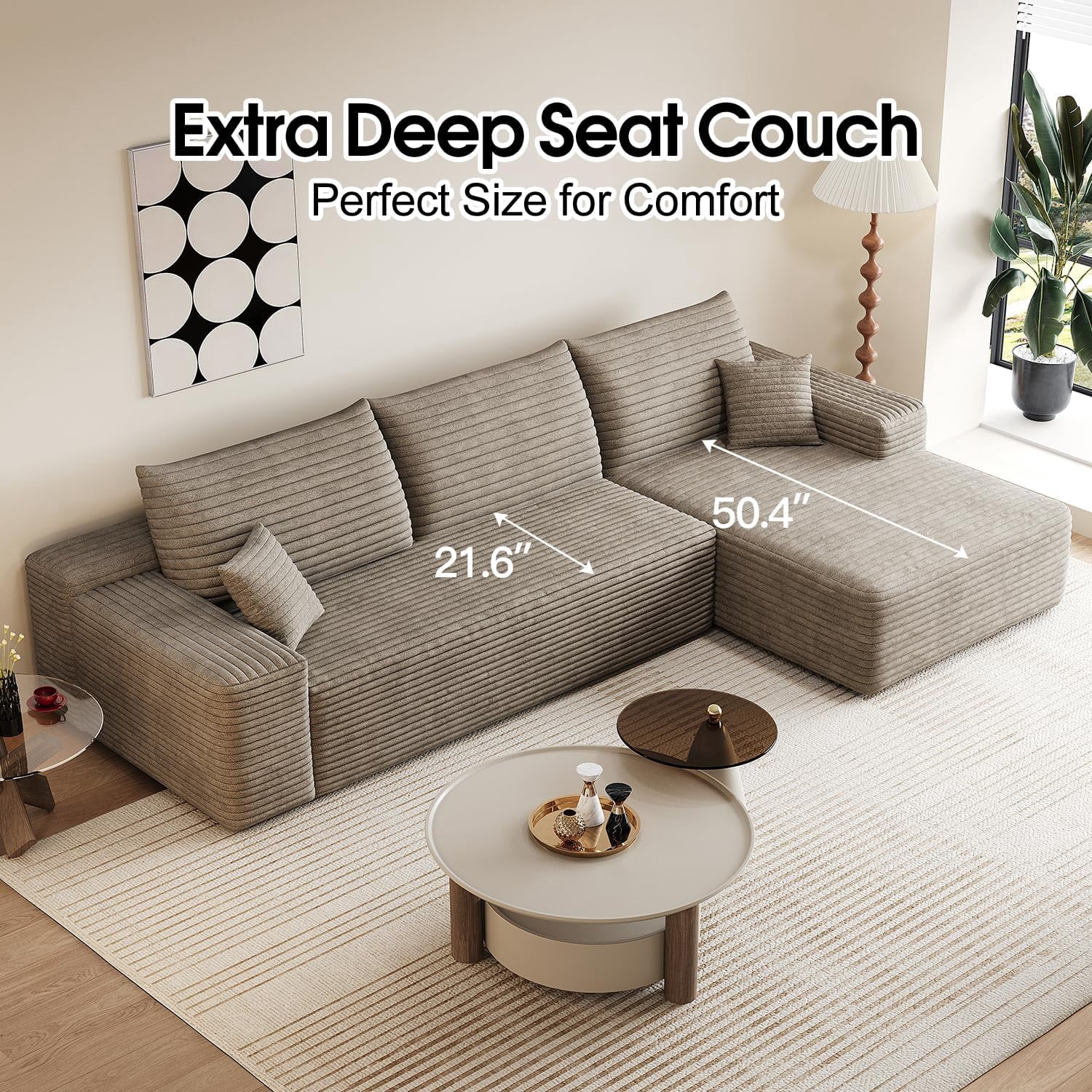 Sailvan 107" Cloud Sectional Couch, Cloudy Sofa with L-Shape Chaise, Upholstered Couches for Living Room & Bedroom, No Assembly Required, Plush Corduroy Fabric, Camel