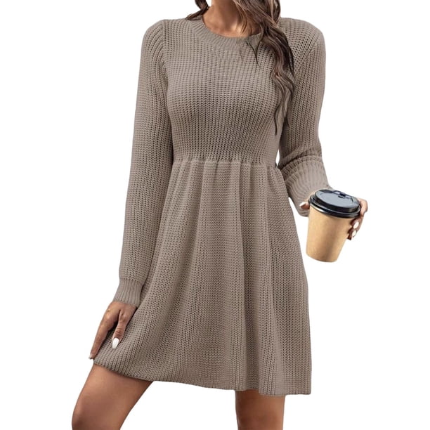 Vestido de punto de color liso para mujer, manga larga y largo midi. Cómodo y versátil para todas las estaciones. Tallas: S-XL.