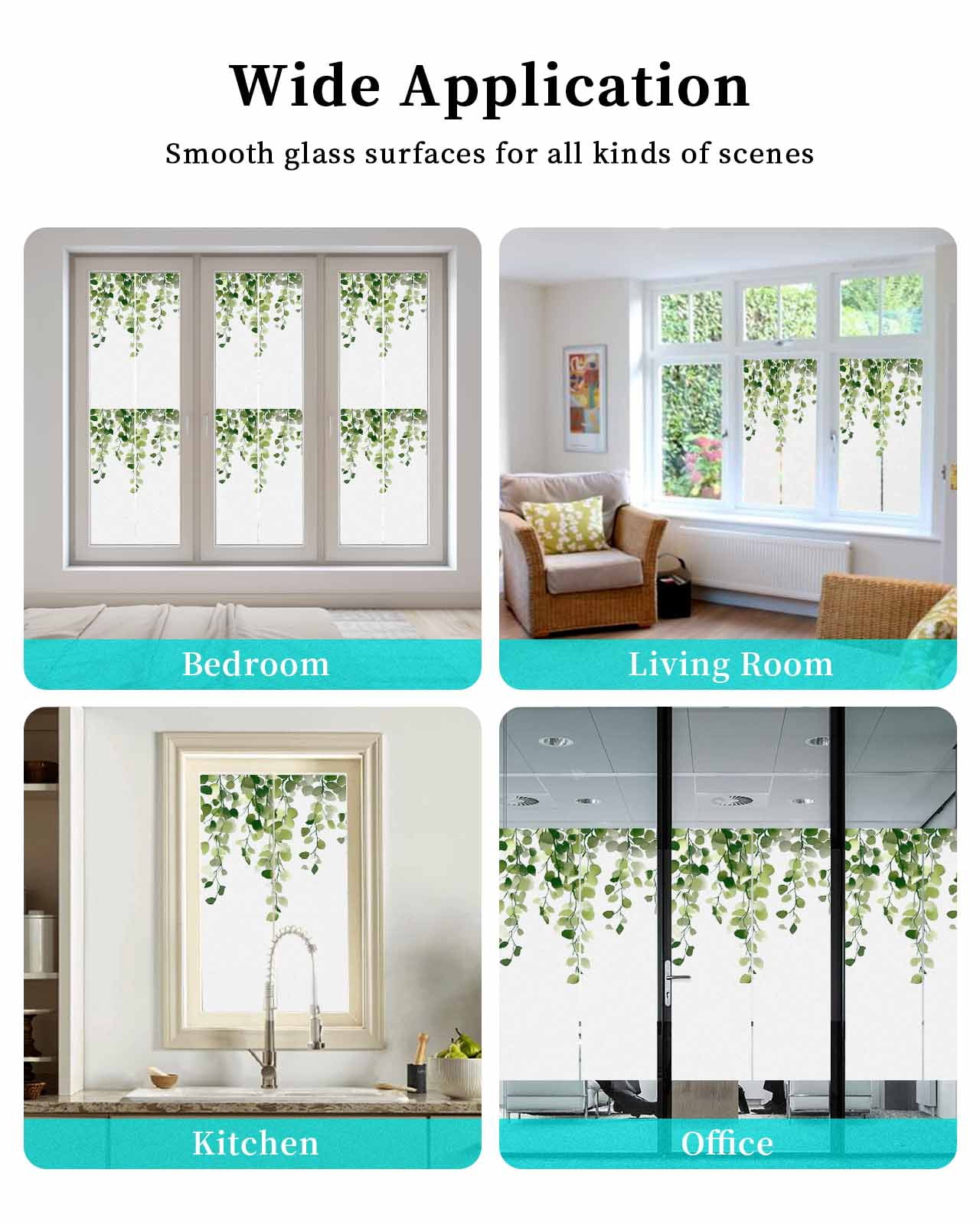 Window Privacy Film Green Eucalyptus Leaves Stained Glass Window Film Decorative Sun Block Window Cover Summer Watercolor Leaf Window Clings Static Adhesive Sticker for Bathroom 23.6"x59"