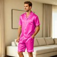 thumbnail image 6 of Mens Pajamas Set Silk Satin Sleepwear Short Sleeve Button Down Pjs Set 2 Piece Loungewear with Pockets Hot Pink XXL, 6 of 8