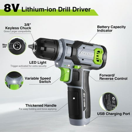 WORKPRO Cordless Power Drill Set with Stackable Tool Box, 8V Cordless Drill Driver and Bit Set, 2.0Ah Electric Cordless Screwdriver Kit with 3/8 Keyless Chuck, Portable Drill for Home Repair, DIY