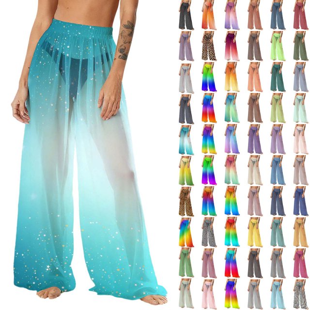 Pincandy Women's Cover Up Pants Sheer Sarong Coverups Summer Boho Beach Pant Elastic Waist Palazzo Cover Up Pants