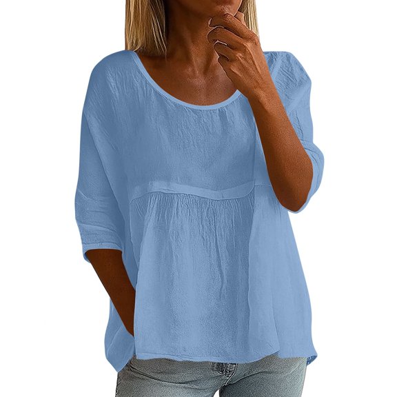 Fashion Women's Summer Solid Color Three-Quarters Sleeve Top Casual Wrinkles Layers Design Round Neck Loose Plus Size Tunic Shirt