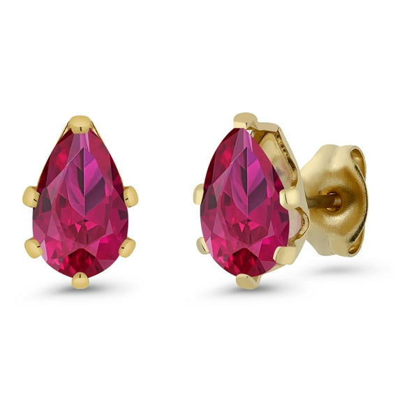 Gem Stone King 2.00 Ct 8x5mm Red Created Ruby Brass Yellow Gold Plated Brass Stud Earrings for Women Men