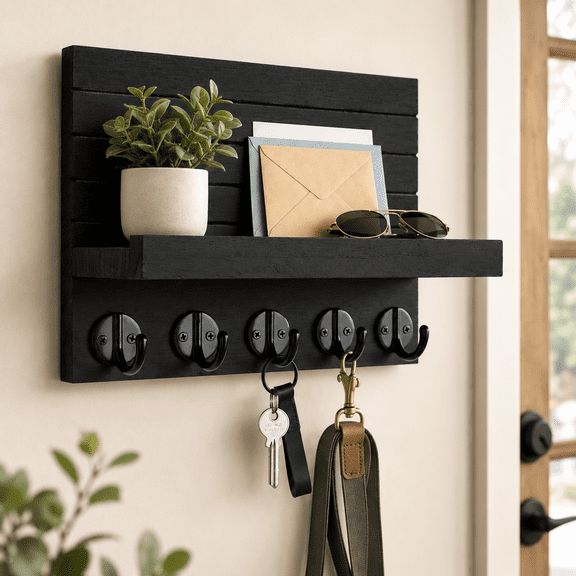 Himonut Key Holder for Wall, Mail Organizer with Shelf and 5 Hooks, Black Wood and Metal Key Holder Wall Mount for Entryway, Keys, Bags, Leashes and Coats