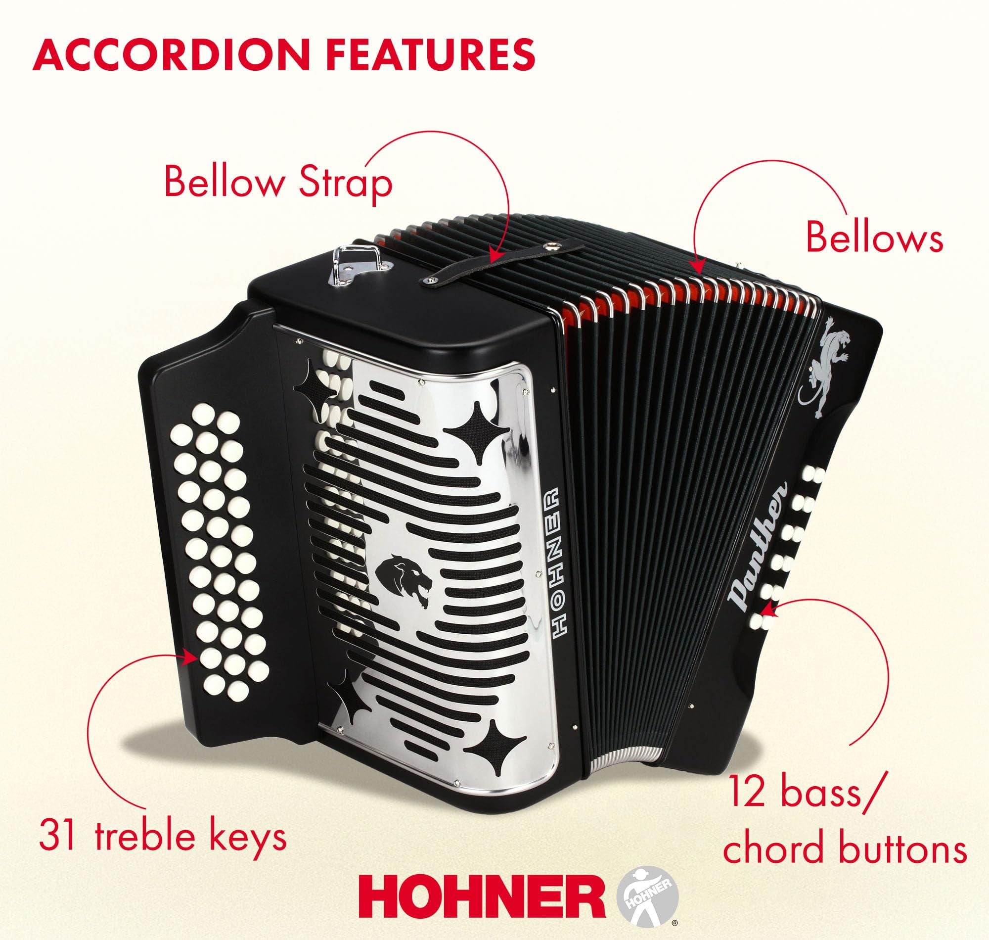 Hohner Panther Diatonic Accordion - Keys G/C/F Bundle with Hard Case and Austin Bazaar Polishing Cloth