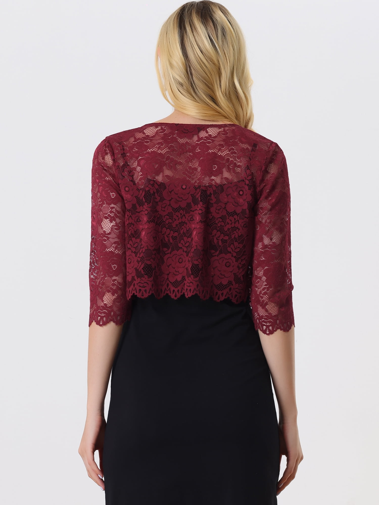 DARING DIVA Leisure Allover Floral Lace Crop Shrug Cardigan S Claret Red
