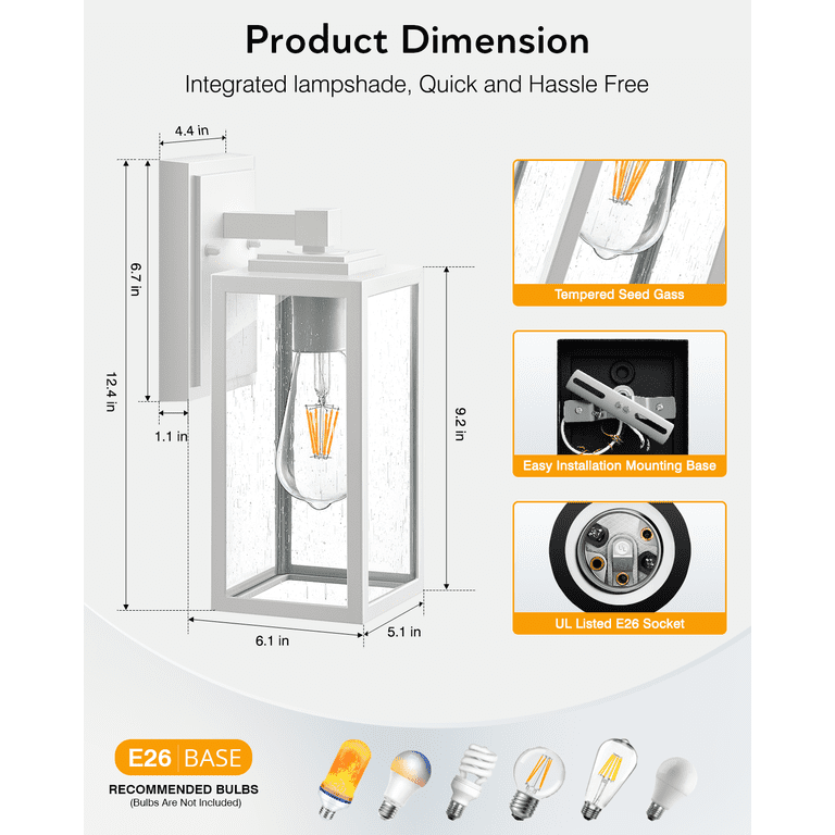VIANIS 2-Pack Outdoor Wall Light Fixture – White Lantern, 100% Aluminum Anti-Rust, Weatherproof IP65, E26 Bulb Compatible, For Porch, Patio, And Garage