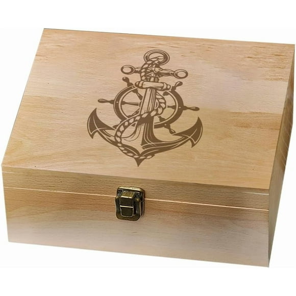 Anchor Theme Wooden Memory Keepsake Box Metal Knot Box with Hinged Lid and Lock Decorative Storage Box Stash Box for Photo Letter Souvenir Jewelry 7.6x9.6x4inch(19.5x24.5x10.3cm)