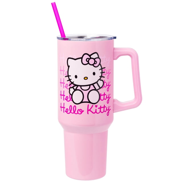 Silver Buffalo Sanrio Hello Kitty - Vaso de acero inoxidable con mango y popote, se adapta a portavasos estándar, 38 litros
