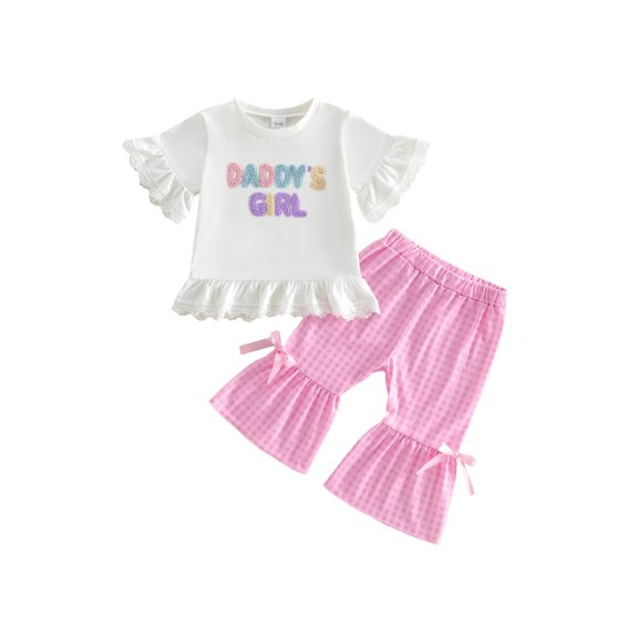 BemeyourBBs Toddler Baby Girl Spring Summer Fall Clothes Mama's Girl Daddy's Girl Outfits Cute Letter Embroidery Ruffles Short Sleeve T Shirts Plaid Flare Pants 2Pcs Clothes Set