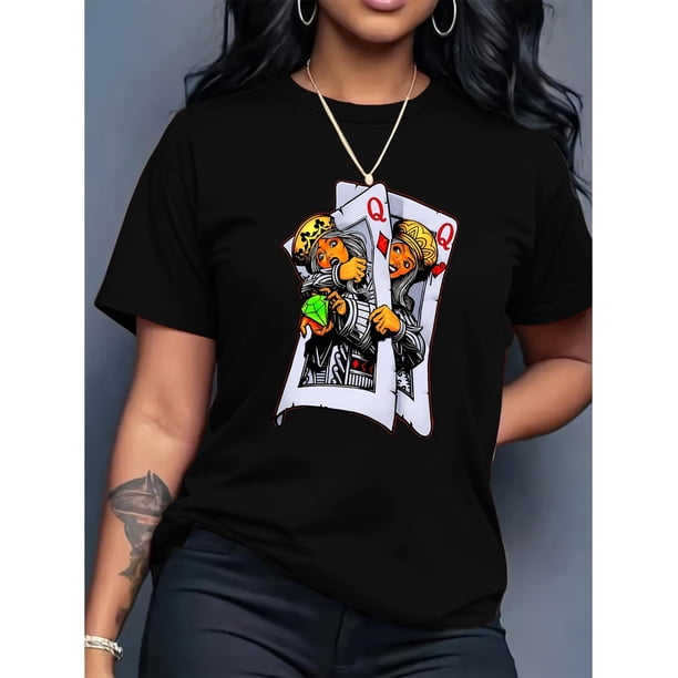 Funny Printed Playing Card Graphic T-Shirt for Women, Featuring a Casual And Stylish Round Neck And Short Sleeves.