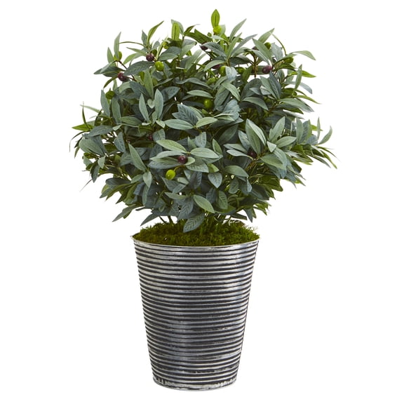 Nearly Natural 28in. Olive with Berries Artificial Plant in Tin Planter with Black Pattern