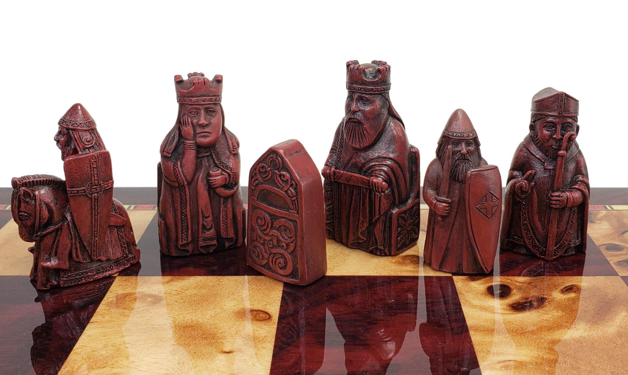 Antique White  Red Mini Isle of Lewis Chess Set With 18" Cherry Color Board