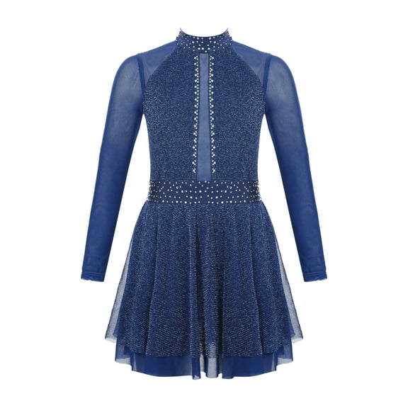 TiaoBug Kids Girls Figure Skating Dance Dress Shimmery Long Sleeve Lyrical Leotard Dancewear Navy Blue 10