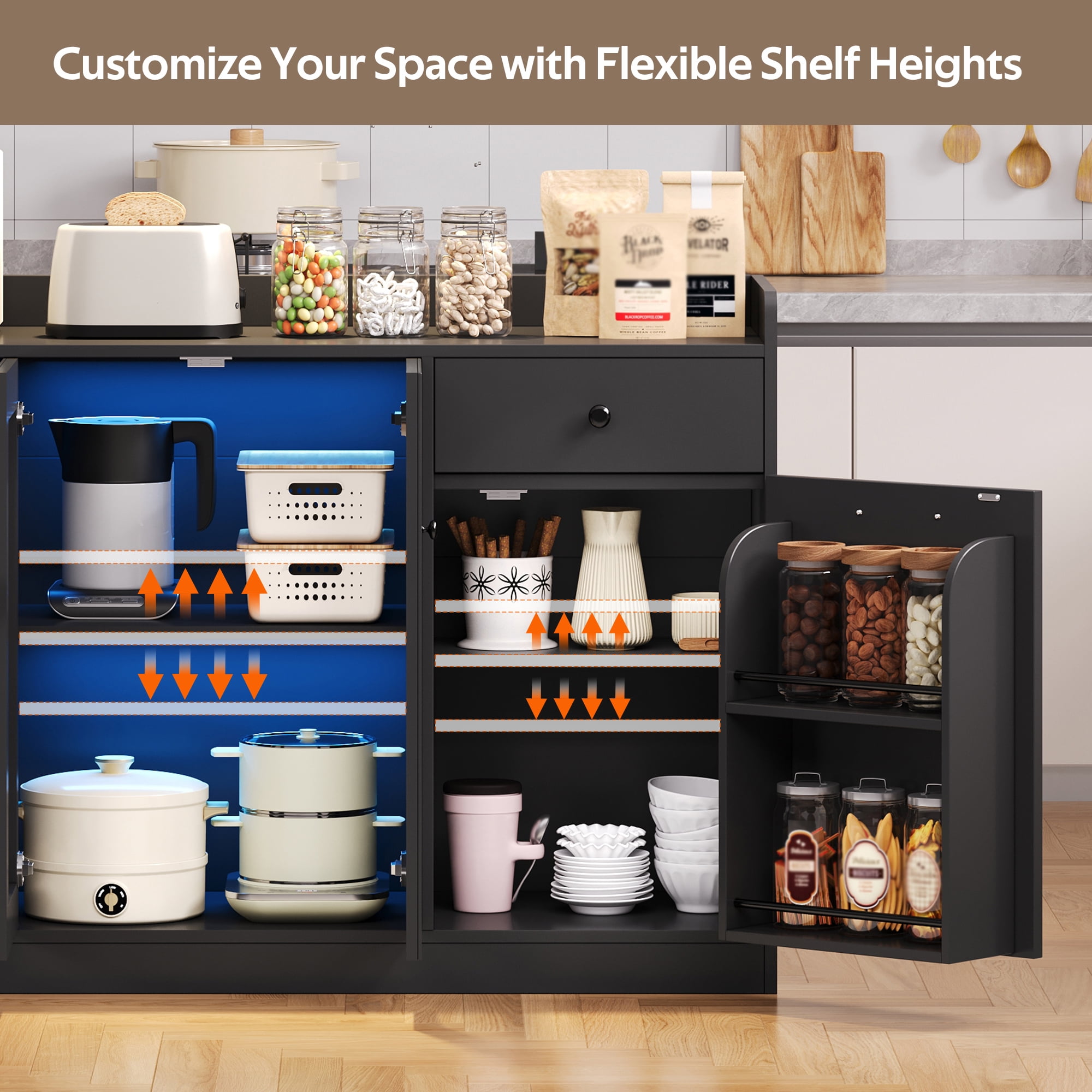 54'' Large Kitchen Island With Tilt Out Trash Can Cabinet And Adjustable Shelves, Kitchen Furniture With Led Light And 2 Drawers
