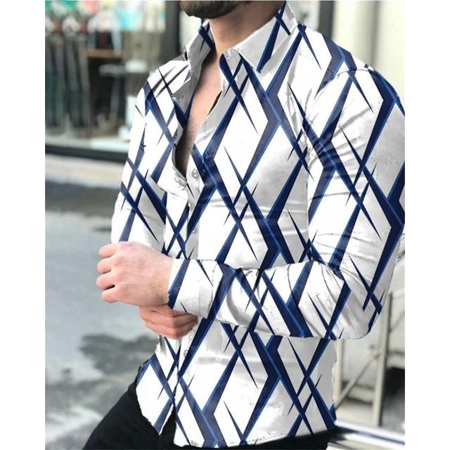 Camisa de hombre con solapa geométrica, manga larga, botones, ropa de calle para exteriores, diseñador de moda, informal, suave y transpirable