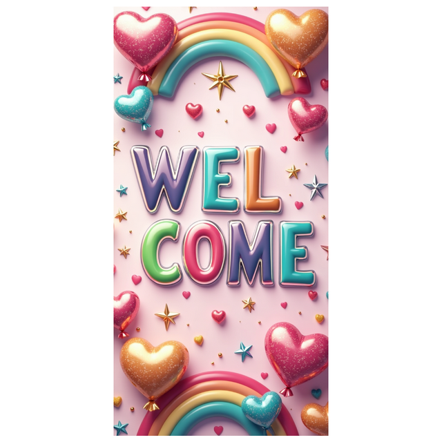 Welcome Party Backdrop Banner Colorful Heart Rainbow Stars Ideal Event Decor Photo Background Baby Shower Wedding Birthday Celebration