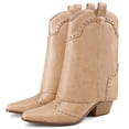 thumbnail image 3 of RONILURN Women's Foldable Cowboy Ankle Boots Pointed Toe Chunky Heel Slip On Rivets Western Boots, 3 of 12