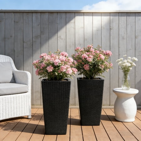 Fehomix 22 Inch Self-Watering Square Planter (2 Pack) - Modern Black Faux Rattan Indoor Outdoor Plant Pots with Automatic Irrigation System for Patio, Garden, Porch & Home Décor