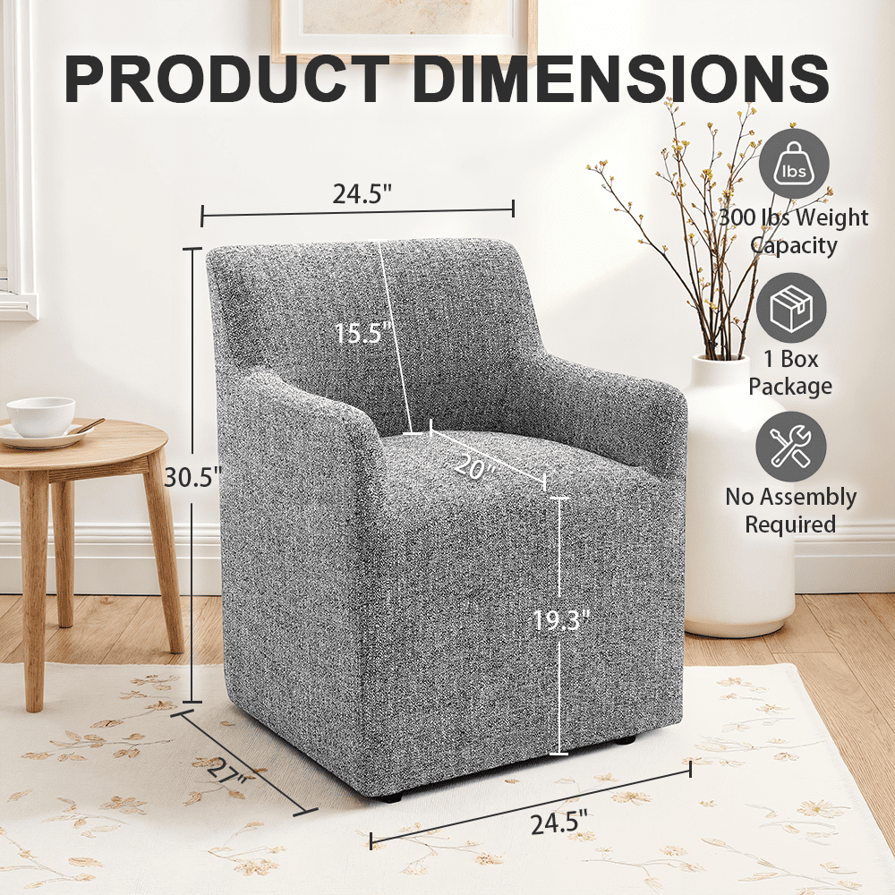 Aenkyo Upholstered Dining Arm Chair with Casters, Barrel Back Rolling Accent Chair, Pewter Gray