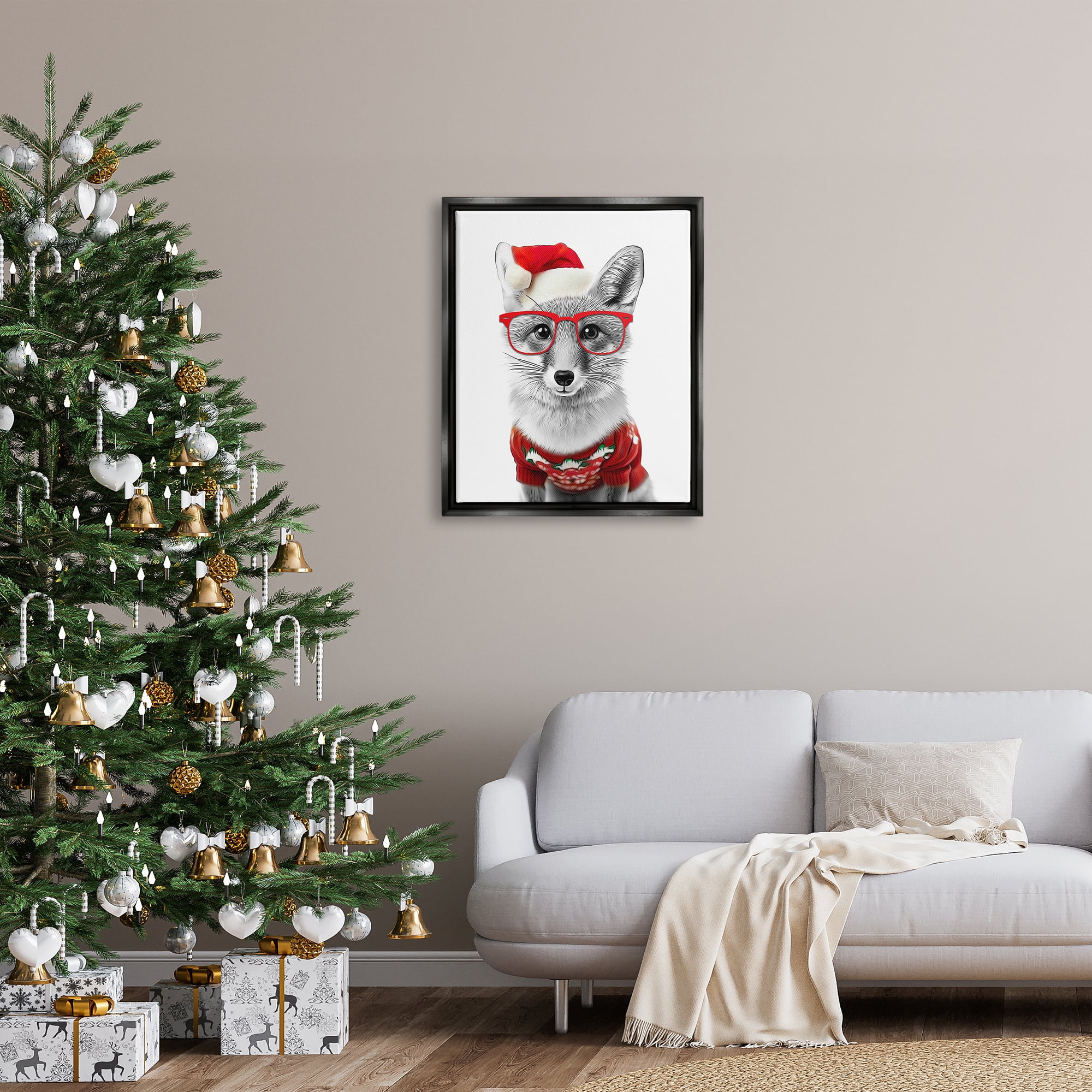 Stupell Industries Fox in Holiday Clothes Holiday Painting Black Floater Framed Canvas Art Print Wall Art, 25 x 31
