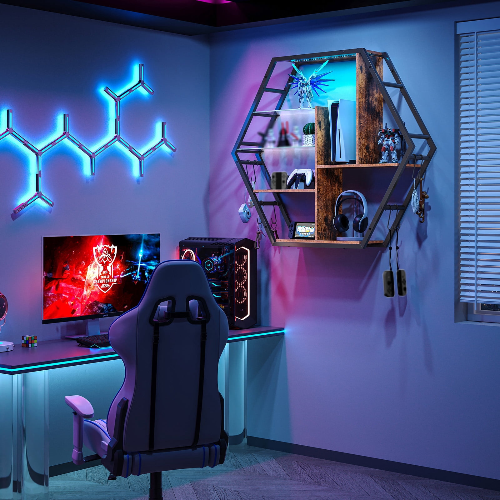 Spacesea Floating Shelves with Lights, Led Shelves for Wall, Gaming Room Decor Display Shelf, Lighted Bar Shelves, Extra Hanging Hooks Storage