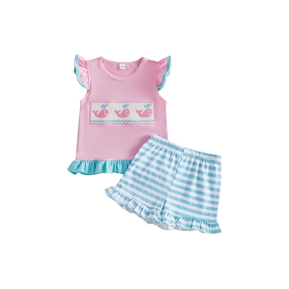 BemeyourBBs Toddler Baby Girls Summer Clothes 2 Pieces Outfits Whale Embroidery Flying Sleeve Round Neck T Shirt Tops and Striped Shorts Set Little Girls Summer Outfit