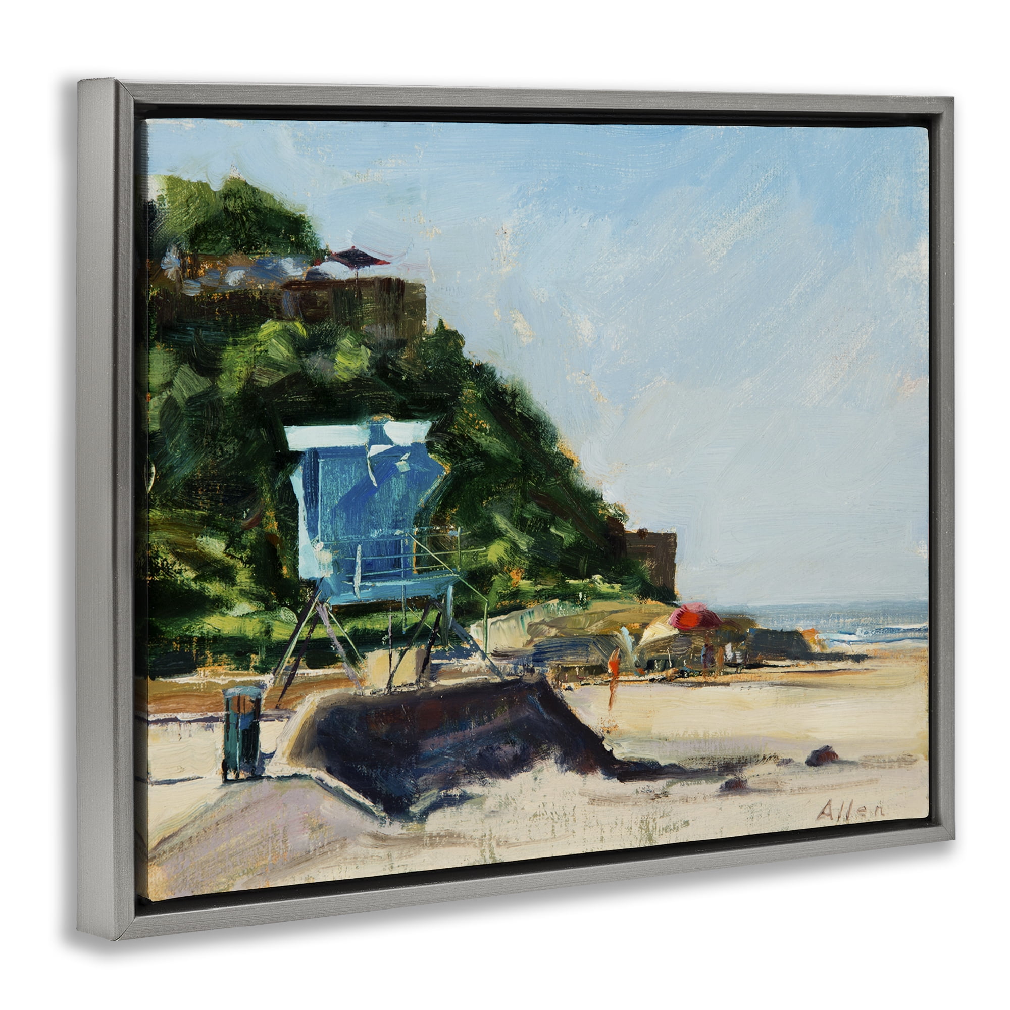 Stupell Industries Beach Guard Tower Landscape & Nature Painting Gray Floater Framed Canvas Art Print Wall Art, 31 x 25