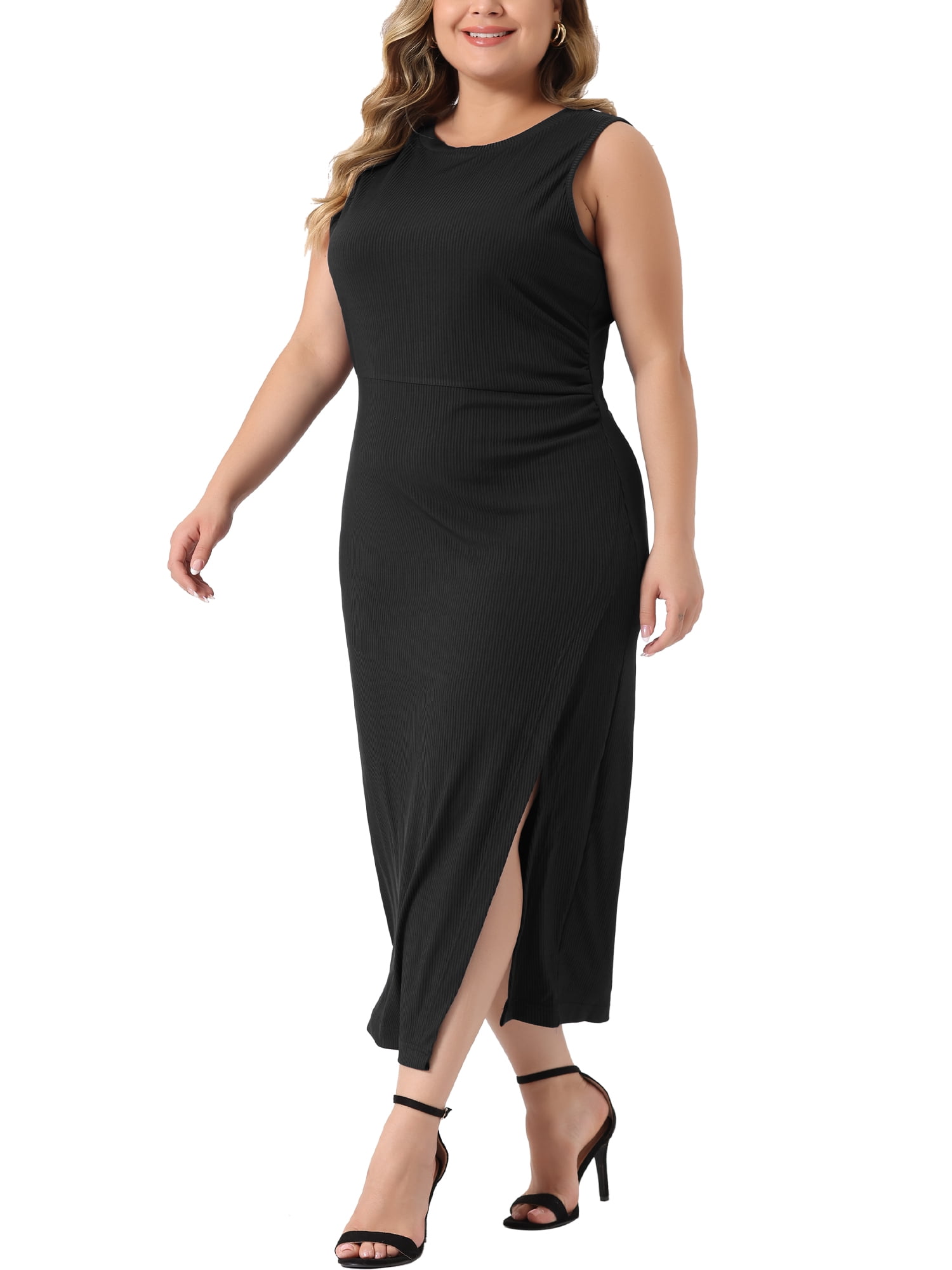 Unique Bargains Women's Plus Size Elegant Knit Slit Tank Midi Ruched Bodycon Dresses 2X Black