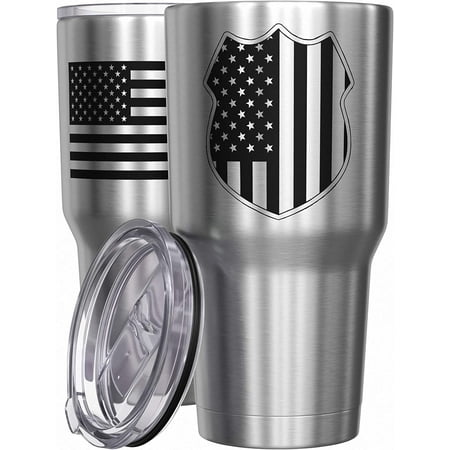 

- Police Shield - Coffee Tumbler - American Flag Coffee Travel Mug - Engraved Tumbler - Double Insulated Tumbler - 30 oz