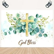 First Holy Communion Baptism Party Decorations Green and Gold Eucalyptus Green Leaves Newborn Baby Shower Photography Banner Christian Church Religious Photo Studio Prop