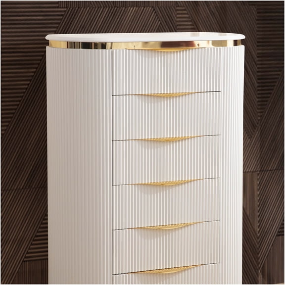 JERFIT 5-Drawer Dresser White & Gold, Modern Bedroom Chest with Soft-Close Drawers, Wood Storage Cabinet