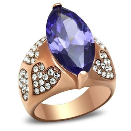 Alamode GL241-9 IP Rose Gold Ion Plating Brass Ring with AAA Grade CZ, Tanzanite - Size 9
