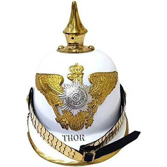 THOR INSTRUMENTS German Pickelhaube White Officer Helmet Brass Accents With Stand Rustic Vintage Home Decor Gifts