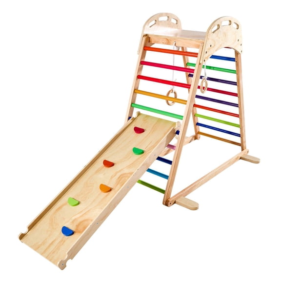 4 in 1 Wooden Indoor Playground Jungle Gym with Climbing Rock Slide Ladder and Gym Rings Montessori Style Climbing Toys for Kids 220LBS Capacity