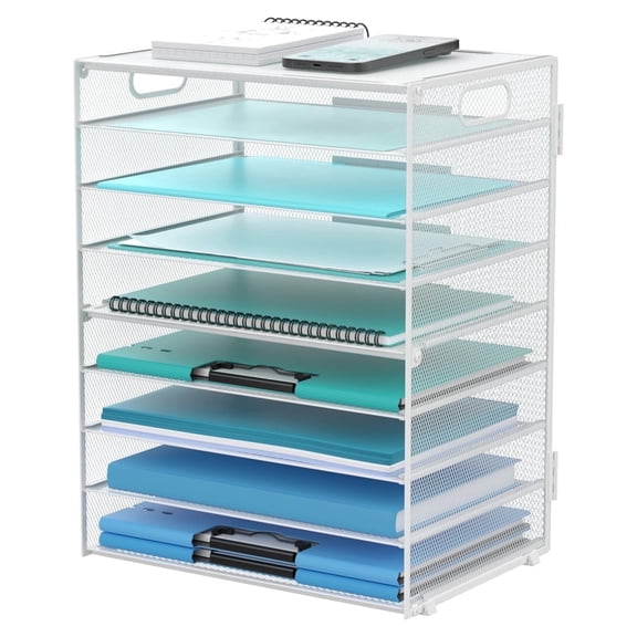 INTIGE 9-Tier Metal Desktop Paper Organizer with Handles, File Holder, White, 1 Pcs