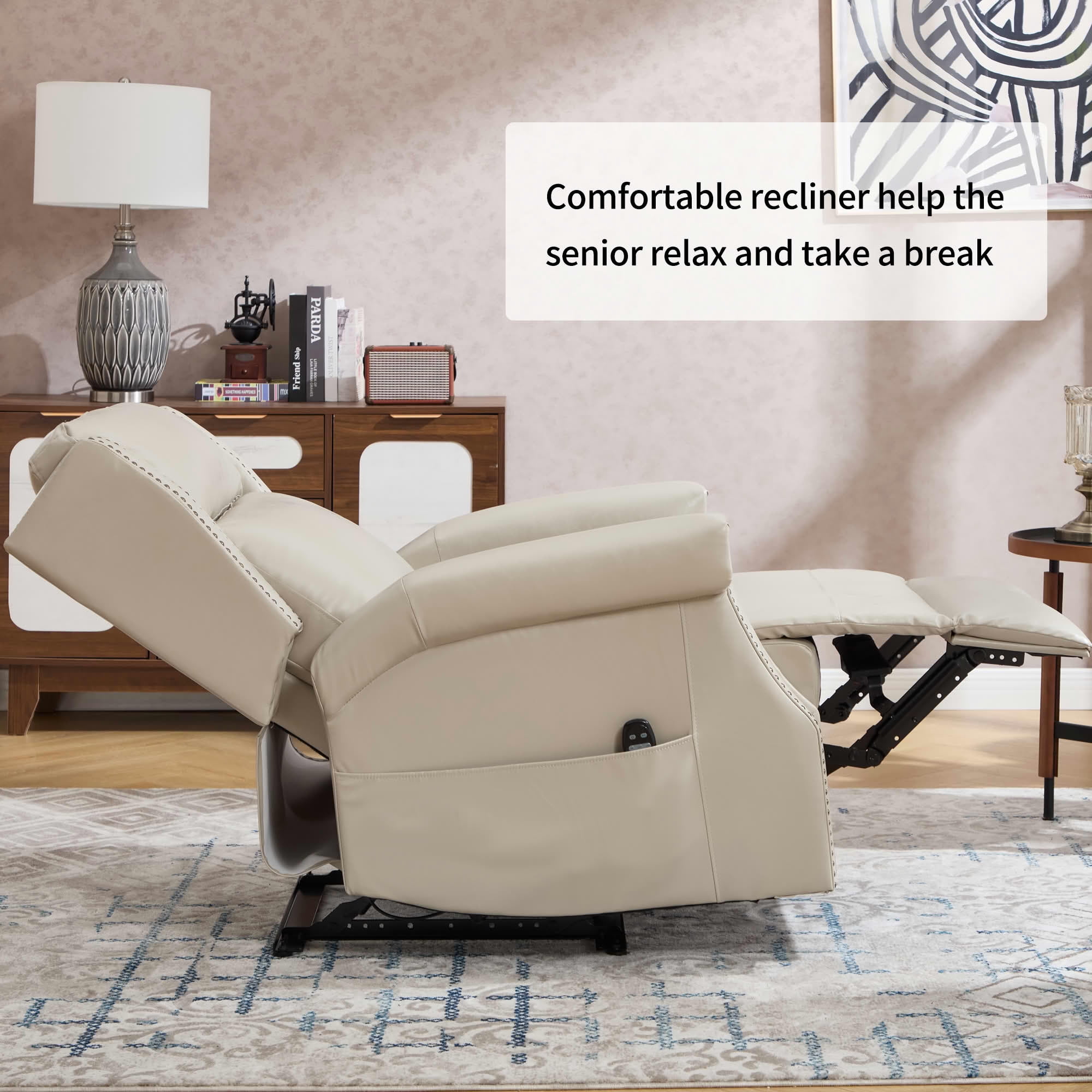 MAYEERTY Beige Faux Leather Manual Recliner Chair, 8 Nodes Massage Heat 155° 35"x38"x40" for Living Room