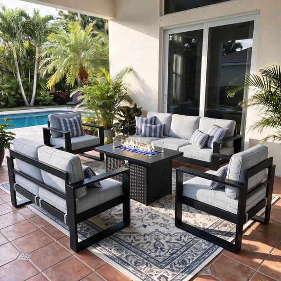 LayinSun 5 Piece Hight Back Aluminum Outdoor Furniture Set with Fire Pit Table, Modern Patio Conversation Sets